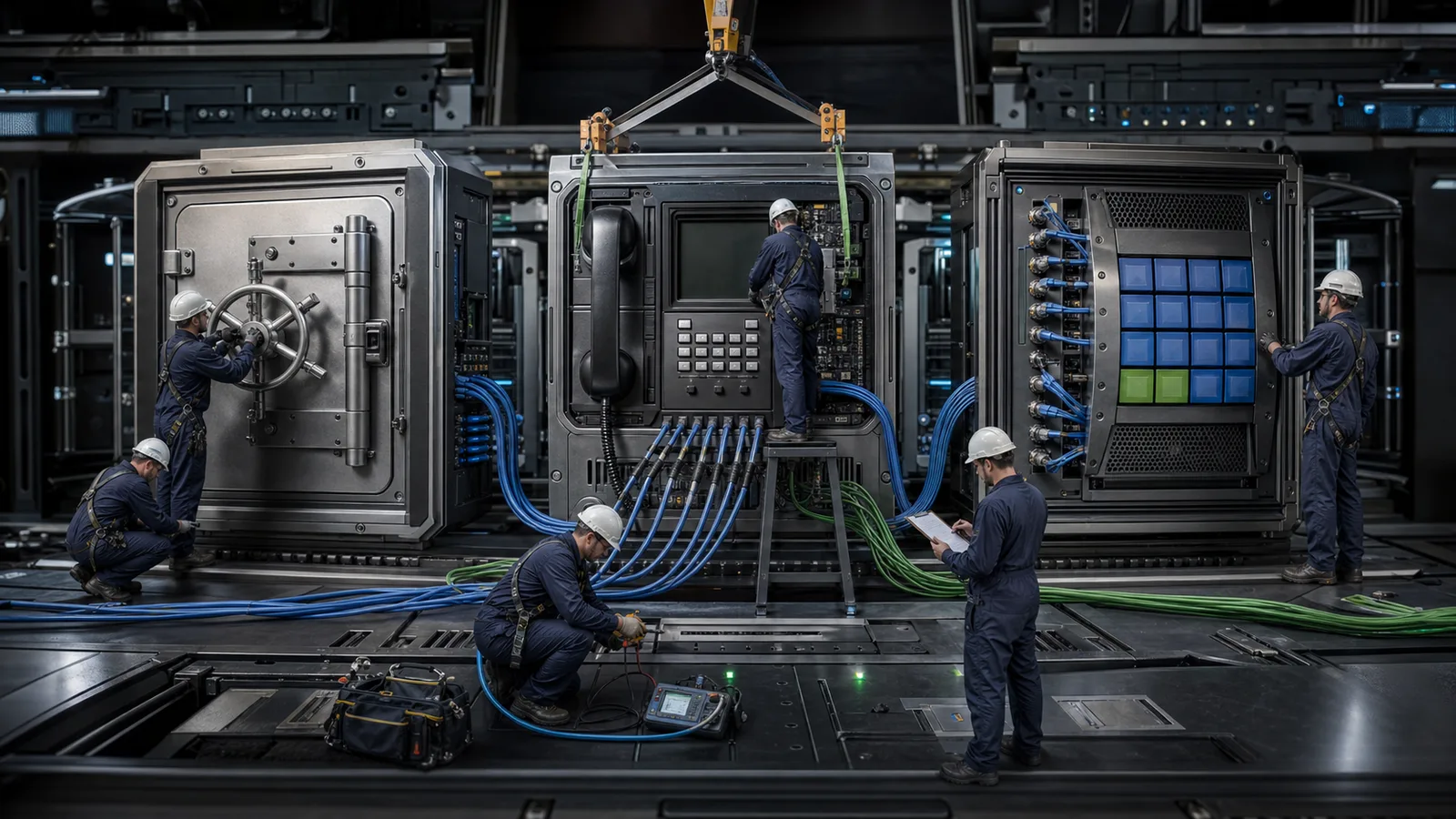 Fotorealistiske miniatyrteknikere kobler sammen store programvaremoduler med datakabler og kran