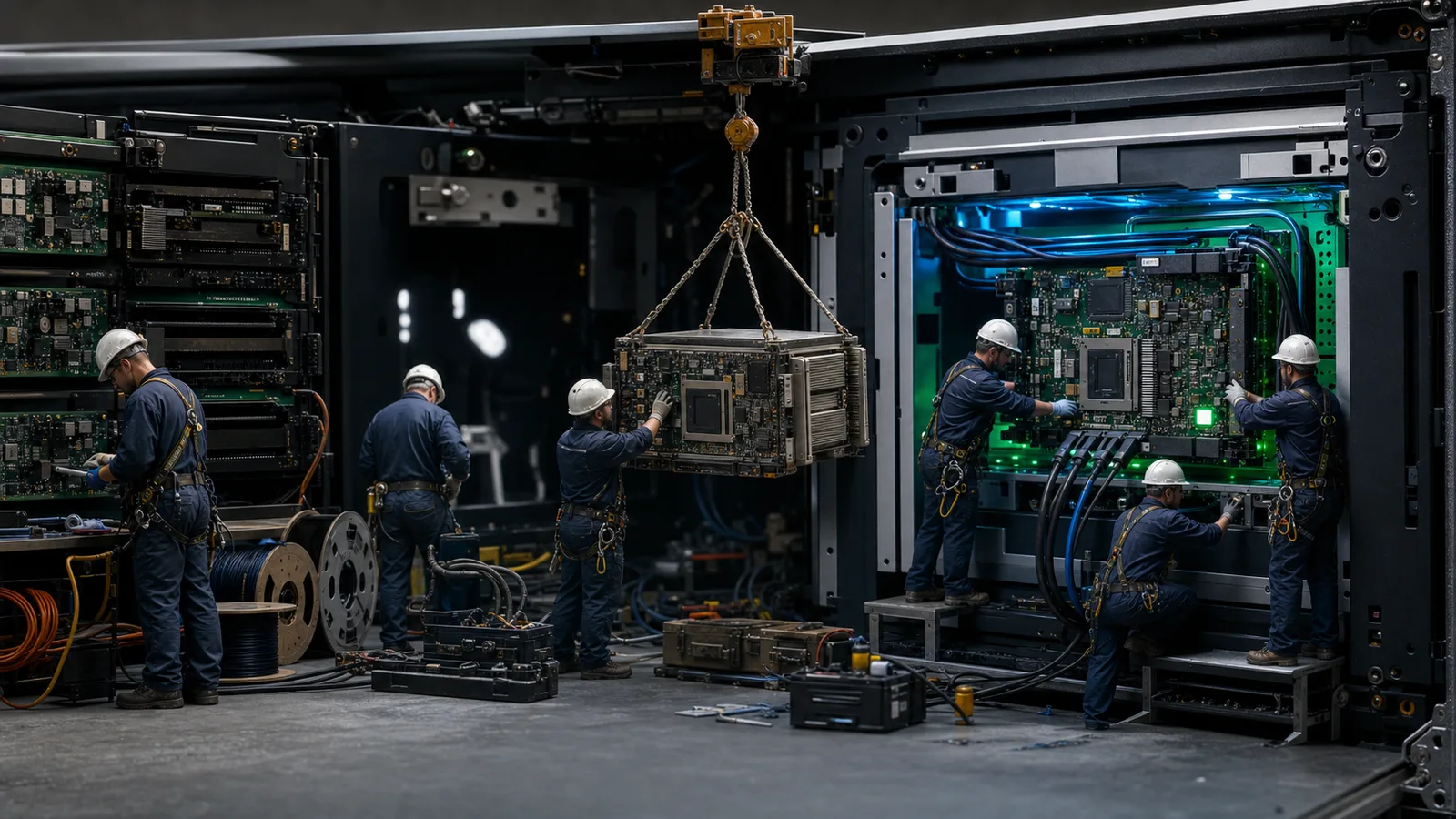 Fotorealistiske miniatyrteknikere bygger og installerer en skreddersydd programvaremodul med kran inne i en datamaskin
