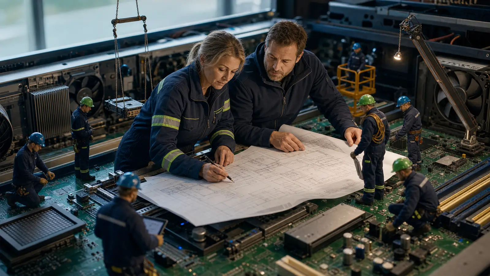 Arbeidsleder og bedriftsleder kartlegger arbeidsflyt på en stor plantegning inne i en datamaskin