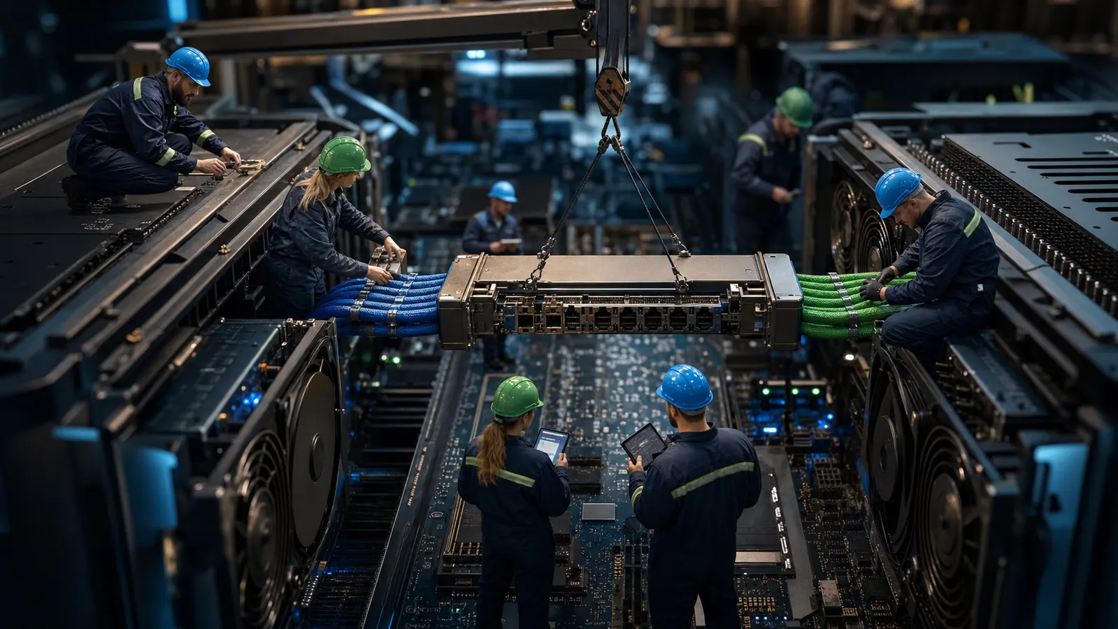 Teknikere kobler sammen to digitale systemer med en stor integrasjonsmodul