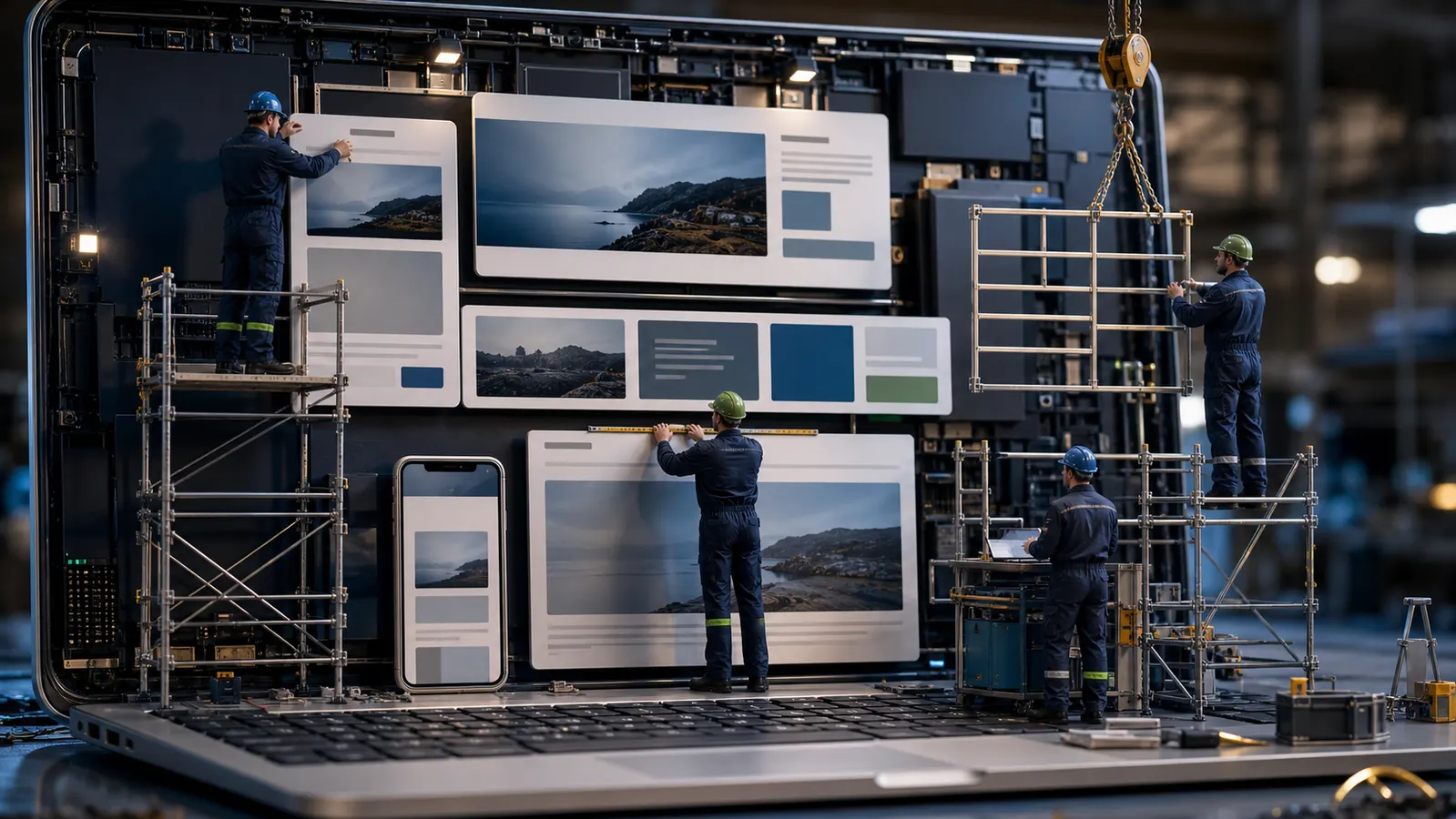 Håndverkere monterer responsive nettsidepaneler inne i en stor bærbar datamaskin