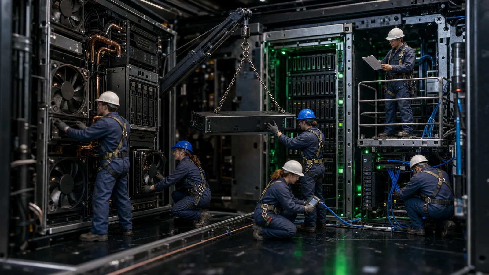 Ekte miniatyrteknikere migrerer og vedlikeholder en server med kran, verneutstyr og måleinstrumenter