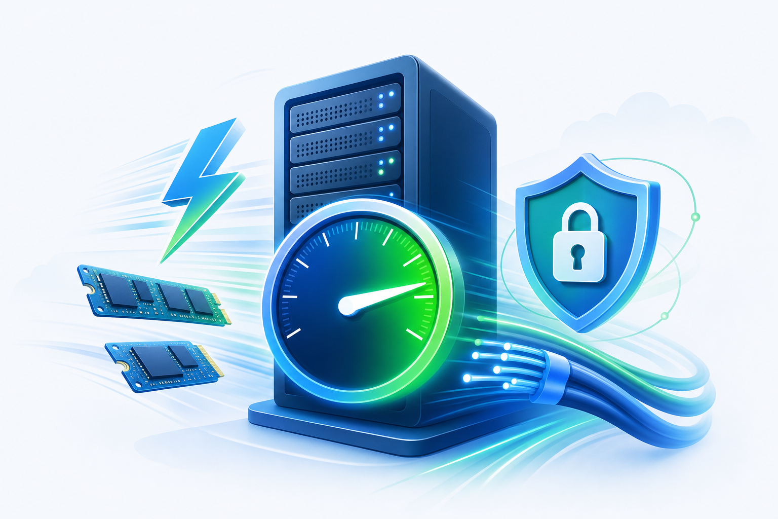 Illustrasjon: VPS med enterprise NVMe-lagring, lynrask nettverkstilkobling og skjold med hengelås som symboliserer høy hastighet og sterk sikkerhet.