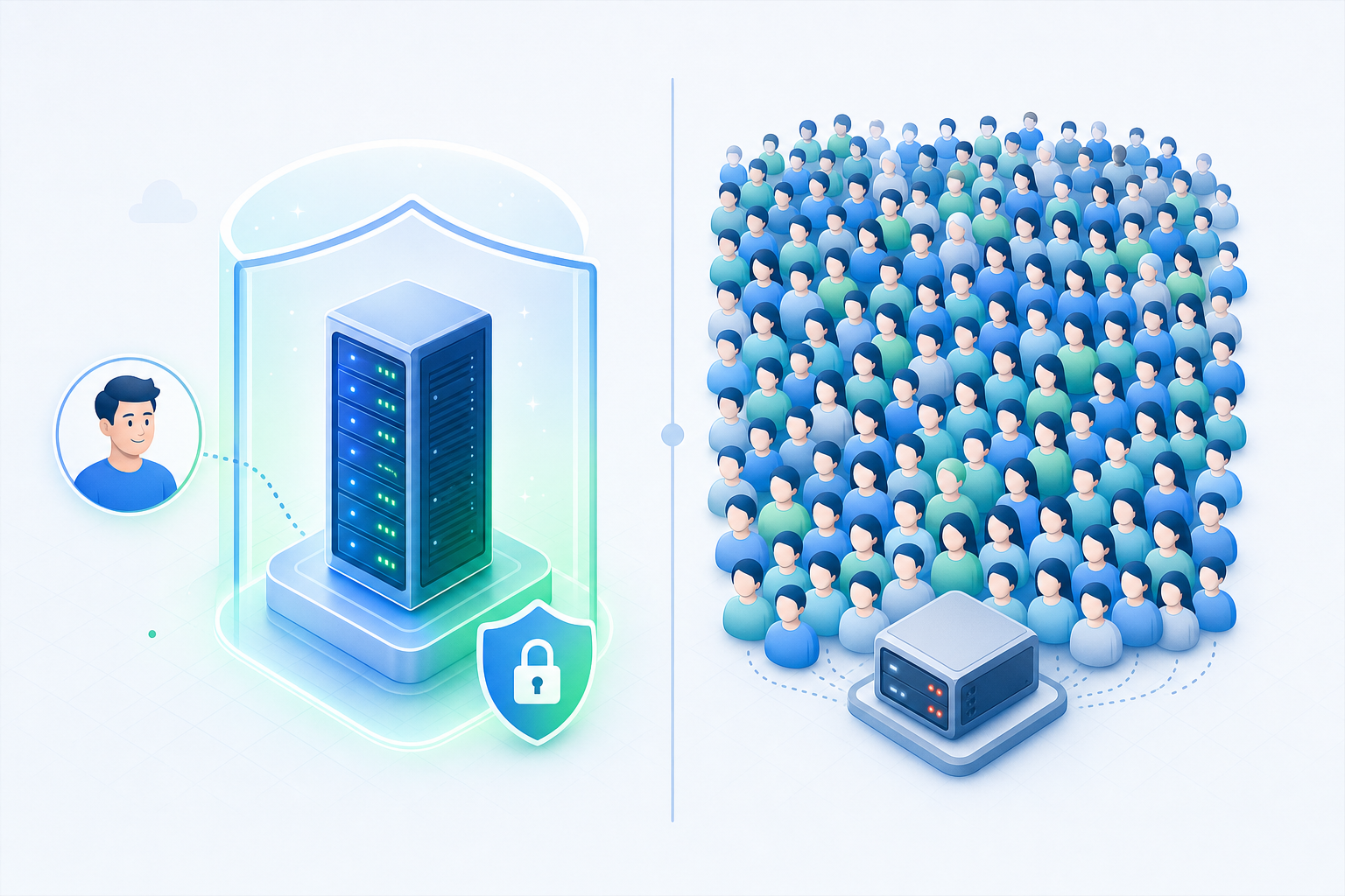 Illustrasjon: en VPS er din egen private, skjermede server for én kunde – i motsetning til vanlig webhotell der hundrevis av kunder deler samme server.