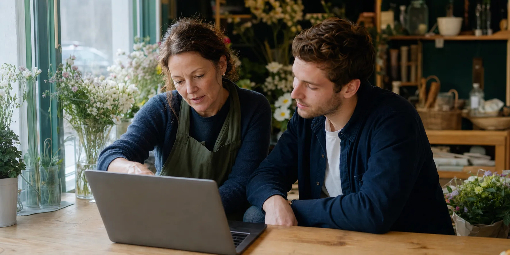 En norsk bedriftseier går gjennom nettsiden sammen med en digital rådgiver