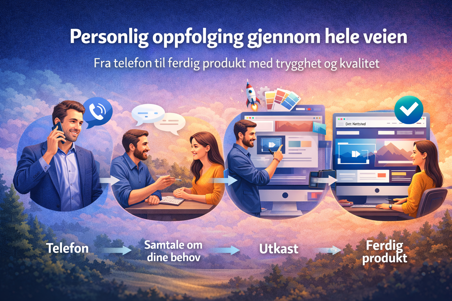 Illustrert prosess: fra første telefonsamtale til ferdig nettside og lansert produkt